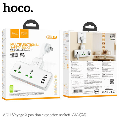 Ổ cắm điện đa năng sạc nhanh PD 17W có 1 cổng typeC + 3 cổng USB và có 2 lỗ cắm tải 2500W AC11 - Chính hãng