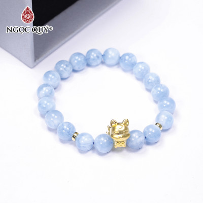Vòng tay đá Aquamarine phối hồ ly mạ vàng size hạt 9mm mệnh thủy, mộc - Ngọc Quý Gemstones