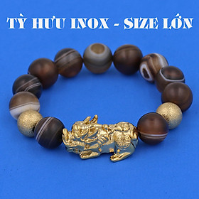 Vòng chuỗi đeo tay mã não nâu sọc mờ 14 ly ( size lớn ) charm tỳ hưu và bi inox vàng, vòng tay chuỗi hạt