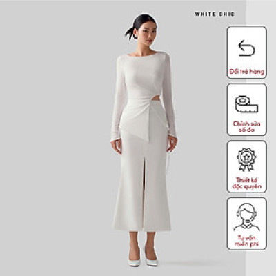 Set áo kiểu nữ, cổ ngang, dài tay kết hợp cùng chân váy đuôi cá TAYLOR  thiết kế cao cấp WHITE CHIC