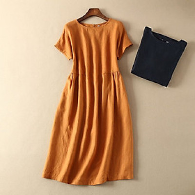 Đầm suông linen tay ngắn cổ tròn, form rộng che khuyết điểm Haint Boutique Da76