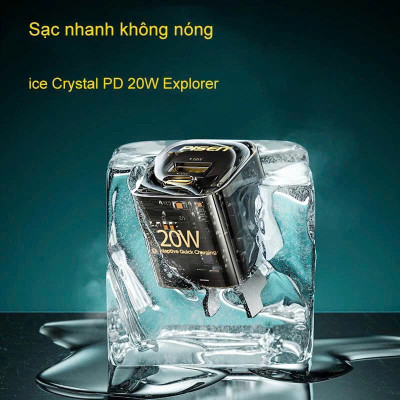Cóc sạc nhanh PISEN Quick Ice Crystal PD 20W Explorer KPD201, siêu nhỏ, vỏ ngoài trong suốt lộ main, Hàng chính hãng