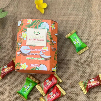 Kẹo dừa sáp VICOSAP vị lá dứa cacao nguyên chất kẹo mềm dẻo ít đường đặc sản Trà Vinh túi 100g