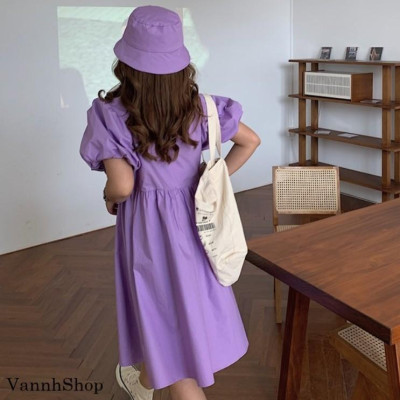Váy nữ Mùa Hè 2021 Mới - Đầm nữ dễ thương - Cổ vuông -Tay phồng -Chất đũi -VannhShop Ms 14A (tặng kèm khẩu trang vải)