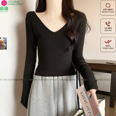 Áo thun nữ cổ tim Hiền Trần BOUTIQUE dài tay dáng lỡ crop mặc thu đông chất cotton co giãn Top Women A9