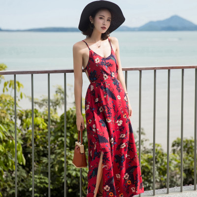 Váy maxi 2 dây lưng trần sexy, họa tiết trang nhã, thích hợp đi biển, dạ hội, sự kiện