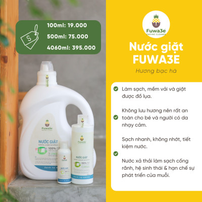 Nước giặt quần áo hữu cơ Fuwa3e an toàn cho bé chuyên giặt lụa hương bạc hà 100ml