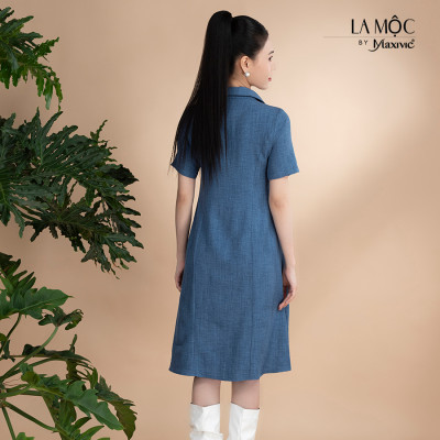 Đầm xô lụa xanh jeans thêu hoa, cổ sơmi La Mộc - LM022423N