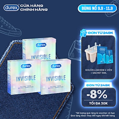 Bộ 3 hộp bao cao su Durex Invisible  Extra Thin Extra Sensitive siêu mỏng, size 52mm, 3 bao/hộp