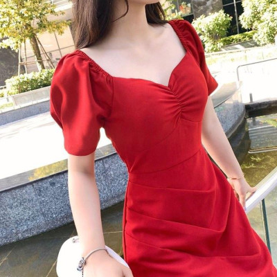 Đầm đỏ cổ tim nhúm ngực dáng xòe sang trọng thiết kế dày vừa phải đứng form dáng  V1515