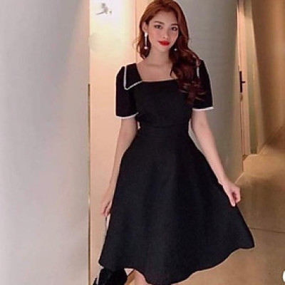 Đầm xòe cổ vuông đính hạt chất thun umi