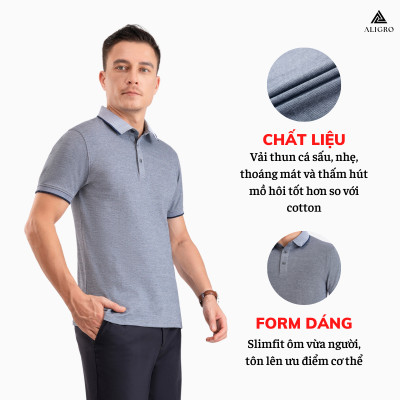 Áo Polo nam ngắn tay phối 2 màu sợi ghi-navy ALGPLO92