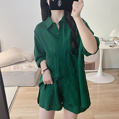 Set áo sơ mi và quần short màu xanh rêu, đủ size, nhẹ nhàng, phong cách Hàn Quốc 2025 Bv03