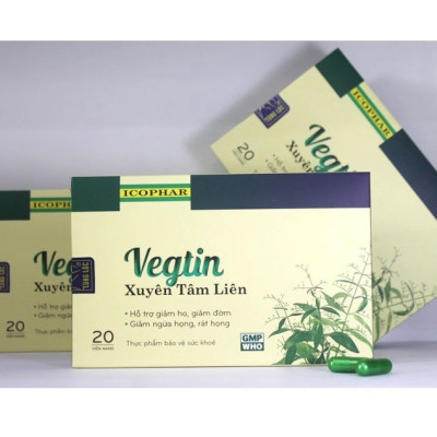 Xuyên Tâm Liên Vegtin hỗ trợ giảm ho khan, ho đờm, ngứa rát họng (Hộp 20 viên)