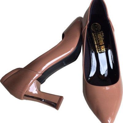 Giày cao gót 7cm Trường Hải gót to da bóng màu nâu thời trang cao cấp CG0411 [ HÌNH ẢNH THẬT ]