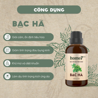 Tinh Dầu Bạc Hà Homer - Tinh Dầu Xông Thơm Phòng, Thư Giãn, Khử Mùi - Tinh dầu Sả Chanh/ Vỏ Quế/ Cam Ngọt/ Oải hương/ Ngọc Lan Tây/ Tràm Trà/ Bưởi Ngọt