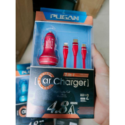 Tẩu sạc nhanh kèm dây cáp 3 đầu Ô tô chính hãng Pugan với 2 chức năng sạc thông minh và sạc siêu tốc 4.8A