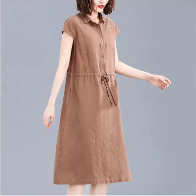 Đầm Nữ Form Suông Linen Cổ Sơ Mi Basic Tay ngắn Thoáng Mát HB70