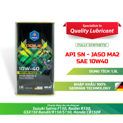 Nhớt Xe Máy PRIME Lon 1.3L Tổng Hợp Toàn Phần-10W40-SN-MA2 Cho Satria-Raider/Nhớt 1.3L/Nhớt Satria