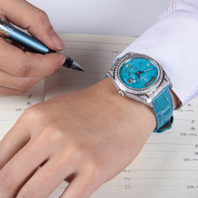 【START】Đồng hồ nam đá ngọc lam tự nhiên（Turquoise）đồng hồ kim cương chức năng hiển thị thứ ngày  đồng hồ cơ tự động dây da cá sấu Khóa bướm
