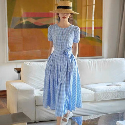 Đầm xòe kate nhập họa tiết kẻ sọc cổ tròn buộc nơ eo sang trọng, nhiều size, form dáng đẹp thích hợp mặc đi làm, đi tiệc