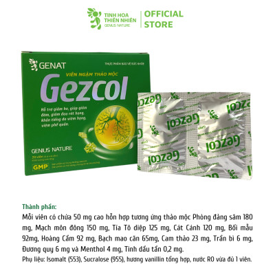 Viên ngậm thảo mộc Gezcol Hỗ trợ giảm ho, giảm đờm, giảm đau rát họng, khản tiếng (Hộp 20 viên)  - Genat