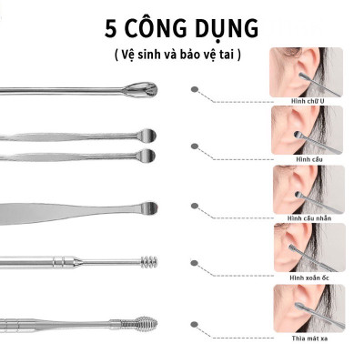 Dụng Cụ Lấy Ráy Tai, Bộ Ngoáy Tai 6 Chiếc KUNBE, Chất Liệu Inox Cao Cấp Giúp Vệ Sinh Tai An Toàn, Chuyên Nghiệp