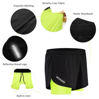 Quần short thể thao nam 2 lớp WOSAWE chất liệu polyester cao cấp, thoáng khí và nhanh khô, logo thương hiệu phản quang