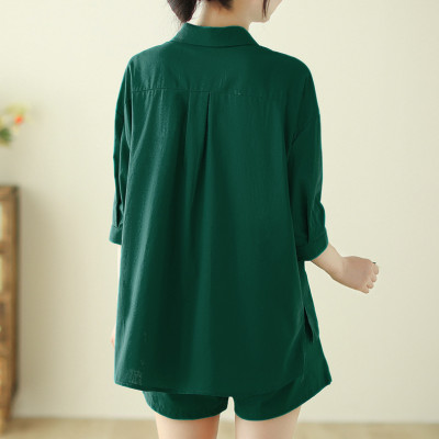 Bộ đồ cho nữ 2 chi tiết gồm áo sơ mi có túi và quần short dáng chữ A, set linen nữ hàn quốc