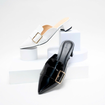 Giày cao gót thời trang 4cm PABNO mules mũi nhọn phối khóa PN22006