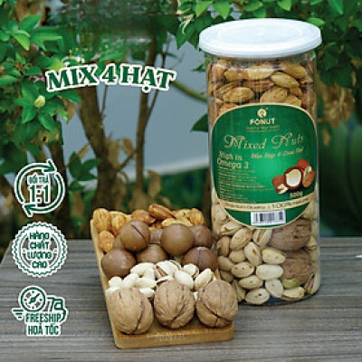 Mixed Nuts 4 Loại Hạt Dinh Dưỡng Macca, Óc Chó, Hạnh Nhân, Hat Dẻ Cười chưa tách vỏ (hũ 500gr)