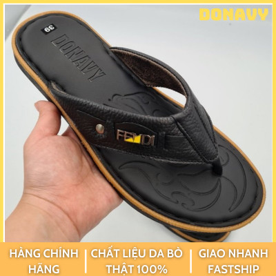Dép kẹp nam da bò DONAVY cao cấp kiểu đính khuy thời trang 