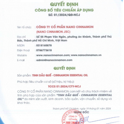 Tinh dầu Quế thiên nhiên nguyên chất Nano Cinnamon 10/30/50/100ml - giữ ấm, thư giãn, giảm căng thẳng, khử mùi. Có kiểm định