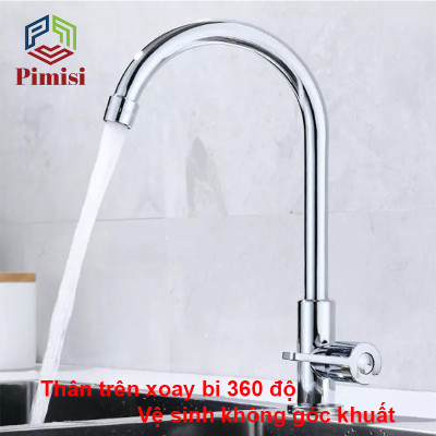 Vòi Rửa Chén Lạnh 1 Đường Nước INOX 304 Pimisi Cao Cấp Mạ Xi Cr/Ni Sáng Bóng Cổ Xoay Bi Cấp Nước Cho Chậu Rửa Bát 1-2-3 Hố Trong Nhà Bếp Gắn Chậu Âm - Dương Bàn Đá Quay 360 Tăng Áp Kiểu Đơn Cổ Ngỗng Cần Cứng - Thân - Để To | Hàng chính hãng