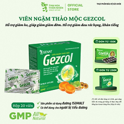 Viên ngậm thảo mộc Gezcol Hỗ trợ giảm ho, giảm đờm, giảm đau rát họng, khản tiếng (Hộp 20 viên)  - Genat