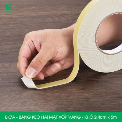 BK7A - 10 cuộn băng keo xốp 2 mặt siêu dính - Khổ 2.4cm x 5m - Băng dính xốp vàng, băng keo hai mặt
