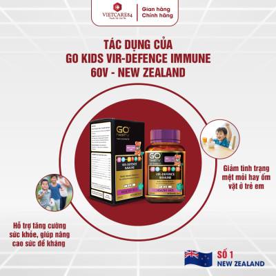 Viên nhai tăng sức đề kháng cho bé nhập khẩu chính hãng New Zealand GO KIDS VIR-DEFENCE IMMUNE  (60 viên) hỗ trợ tăng cường sức khỏe, tăng sức đề kháng; giảm tình trạng mệt mỏi hay ốm vặt ở trẻ em