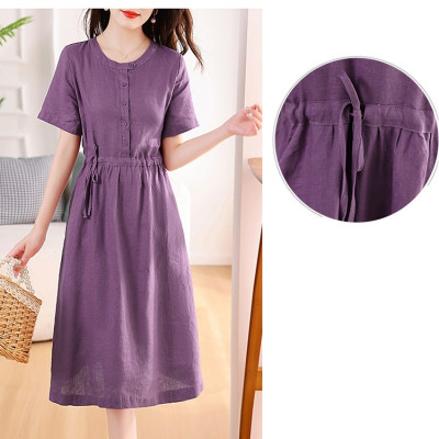 Đầm linen nữ trơn tay ngắn kết hợp phối cúc và rút eo , có nhiều màu dễ mặc đi chơi hay đi làm Da217