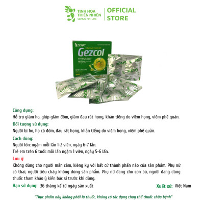 Viên ngậm thảo mộc Gezcol Hỗ trợ giảm ho, giảm đờm, giảm đau rát họng, khản tiếng (Hộp 20 viên)  - Genat