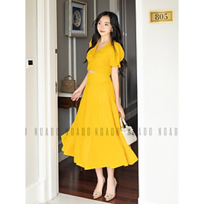 Set áo váy vàng NGADO , set đồ nữ , Set áo kèm chân váy xòe , Set đồ nữ thiết kế
