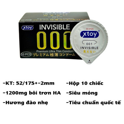 Bao cao su XTOY INVISIBLE 001 siêu mỏng, nhiều gel bôi trơn, hương thơm - Hộp 10 chiếc