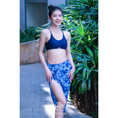 Bộ đồ bơi nữ LMcation - Áo bikini thể thao  Krista (kèm Quần bơi đùi) - Xanh đen & Váy đi biển Mira - Xanh dương