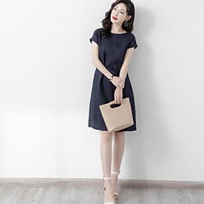 Đầm đũi nữ dáng suông cổ tròn ngắn tay, eo có dây thắt thiết kế đơn giản trẻ trung Haint Boutique