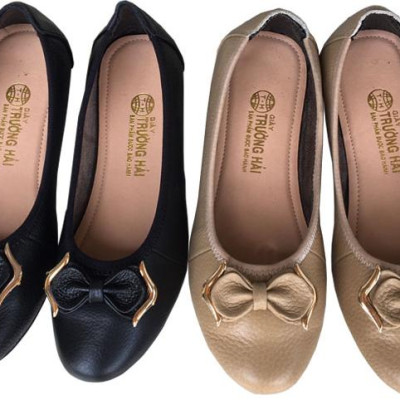 Giày búp bê nữ Trường Hải  màu kem da bò thật mềm mại , êm ái bền chắc,gắn nơ sang trọng, đế  cao su vững trãi, thiết kế hiện đại, tinh tế, thời trang BB013