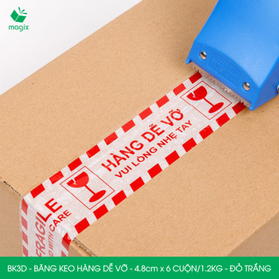 BK3D - Băng keo HÀNG DỄ VỠ màu đỏ trắng khổ 4.8 cm - Băng dính niêm phong - 12 cuộn