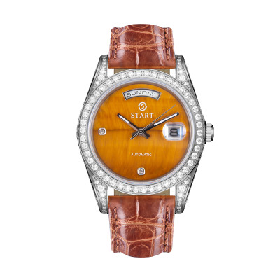 【START】Đồng hồ nam đá mắt hổ tự nhiên（Tiger Eye Stone）đồng hồ kim cương chức năng hiển thị thứ ngày  đồng hồ cơ tự động dây da cá sấu Khóa bướm