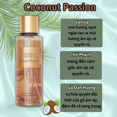 Body Mist Victoria Secret Chính Hãng Coconut Passion, Xịt Thơm Body Toàn Thân Hương Nước Hoa 250ml