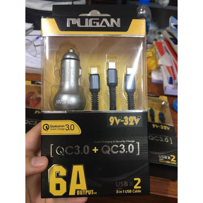 Tẩu sạc nhanh kèm dây cáp 3 đầu Ô tô chính hãng Pugan với 2 chức năng sạc thông minh và sạc siêu tốc 4.8A