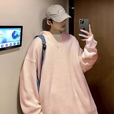 Áo len hoodie dáng dài oversize cho nam nữ (Màu Hồng)