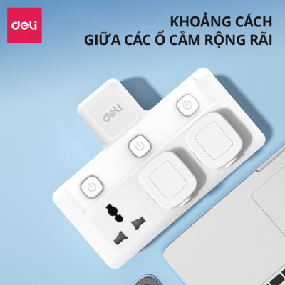 Ổ Cắm Chia Điện Deli, Ổ Cắm Điện Chữ T Công Suất 2500W Tích Hợp Cổng USB &TypeC Sạc Nhanh 20W